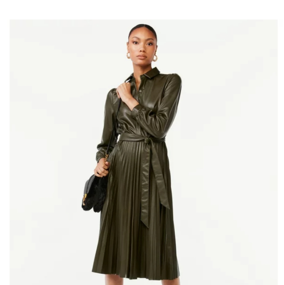 Scoop faux leather pleated dress